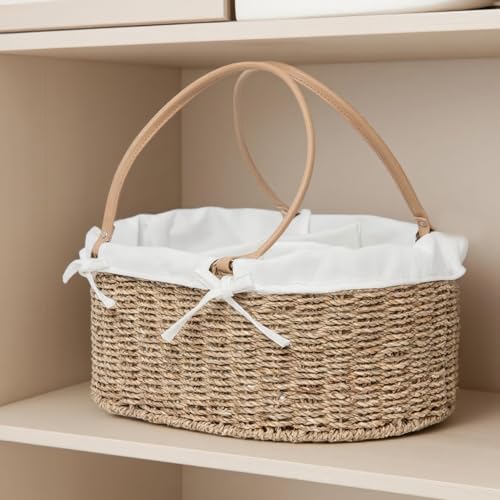 QINGTUHOME Handwoven Wicker Diaper Caddy Organizer, Multi - functional Baby Diaper Bag for Nursery & Home Storage, Detachable Lining, PU Handles, Baby Registry Must Haves (Seagrass)