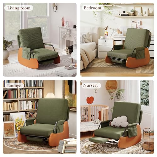 Furniliving Modern Glider Rocking Chair, Upholstered Nursery Glider Chair with Adjustable Recline & Retractable Footrest, Comfortable Lounge Chair for Mom Nursery Living Room Bedroom (Green)