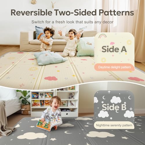 Mallify Extra Large Foldable Play Mat, Reversible Baby Play Mat with Edge Reinforcement, Non-Toxic & Waterproof Baby Mat for Floor, Foam Playmat with Travel Bag, Rainbow, Cloud & Moon, 79"x71"