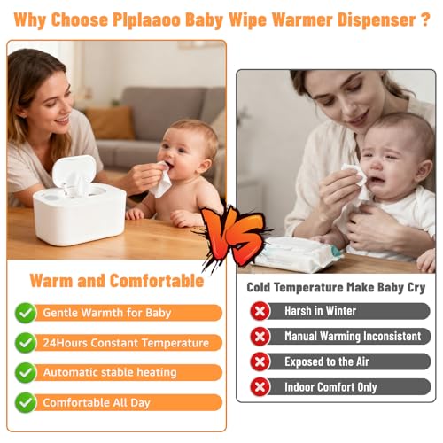 Plplaaoo Baby Wipe Warmer, Portable Wet Wipe Warmer & Diaper Wipe Warmer Dispenser with Large Capacity, Constant Temperature USB Powered Wipes Warmer for Home, Car & Travel, 7.87x4.72x3.74in, White