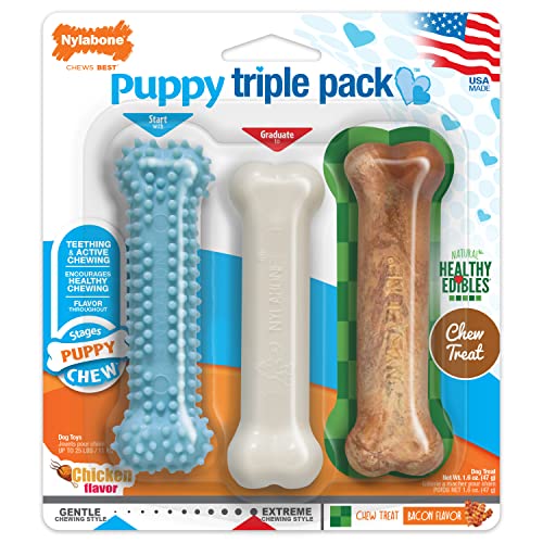 Nylabone New Puppy Starter Kit, Chew Toys & Natural Chew Treat for Puppies, Puppy Enrichment Teething Toys, Blue, Long Lasting Chicken & Bacon Flavor, Small Dogs - Up to 25 Ibs, 3 Pack