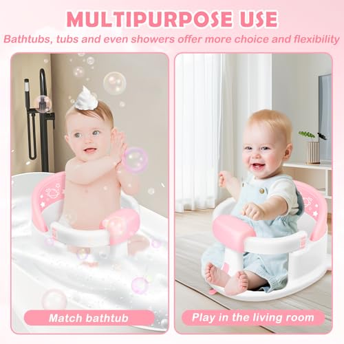 SMGZG Baby Bath Seat 6M+, Non-Slip Cushion, CPSC Certified, 5-Pc Set, Pink