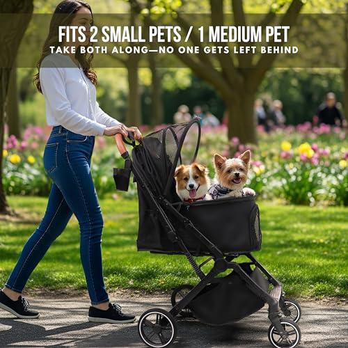 Bicystar Pet Stroller for Small Medium Dogs Cats Up to 45 lbs, Travel Lite Collapsible, All Terrain 4 Wheels for Jogging, Running, Grey