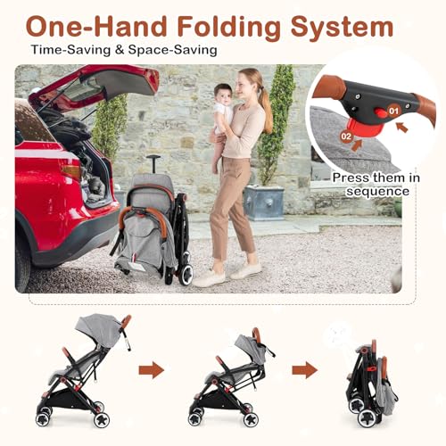 HONEY JOY Travel Stroller, One-Hand Quick Fold Lightweight Umbrella Stroller for Airplane, Wrist Wrap & Net, Multi-Position Recline, Overhead Friendly Compact Stroller for Newborn and Toddler(Gray)