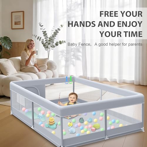 XVISHX Baby Playpen 50 x 50 Inch Play Pen Playards, Playpen for Babies and Toddlers, Baby Playard for Indoor & Outdoor Active Center Game Fence, with Skin-Friendly Fabric and Soft Breathable Mesh Grey