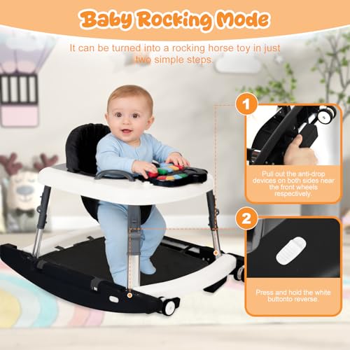 Tickeagle 5-in-1 Baby Walker for Boys and Girls Music and Lights 6-18 Month, Foldable Baby Walkers with 5 Adjustable Heights, Infant Toddler Walker with Wheels and Combo Portable(Black)