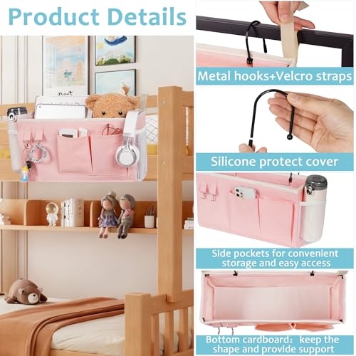 Loghot Bedside Caddy/Bedside Storage Bag Hanging Organizer for Bunk and Hospital Beds,Dorm Rooms Bed Rails,Can be Placed Glasses,Books,Mobile Phones,Keys (Light Pink)