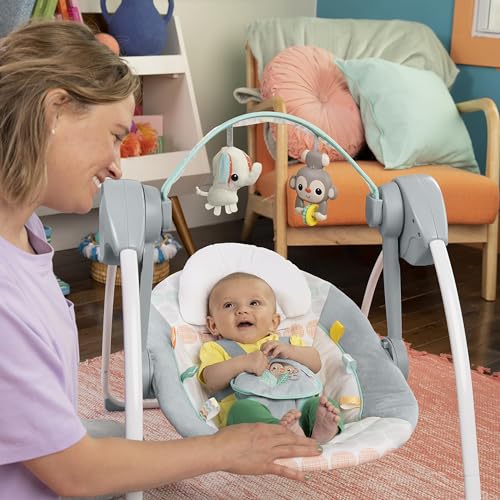 Bright Starts Portable Automatic 6-Speed Baby Swing with Adaptable Speed, Taggies, Music, Removable-Toy-Bar, 0-9 Months 6-20 lbs (Whimsical Wild)