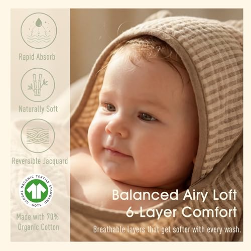 HardNok 4-Piece Muslin Baby Towel Set - Made with Organic Cotton, (2) 6-Layer 32x32 Towels & (2) Washcloths, Bath, Beach & Pool Gift Set (Neutral Sage Mix)