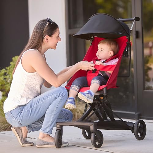 Evolur Roamer Ultra Lightweight Stroller, Compact One-Hand Self-Standing Fold Travel Stroller with 5-Point Safety Harness, Adjustable Sun Canopy, 360° Rotating Wheels with Cup Holder - Red