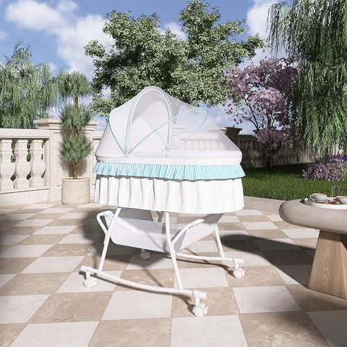 Dream On Me Lacy Portable 2-in-1 Bassinet & Cradle with Full Canopy, Storage Basket, Locking Wheels, Lightweight Frame, BSA Certified, Includes 1” Mattress Pad-Pink an White