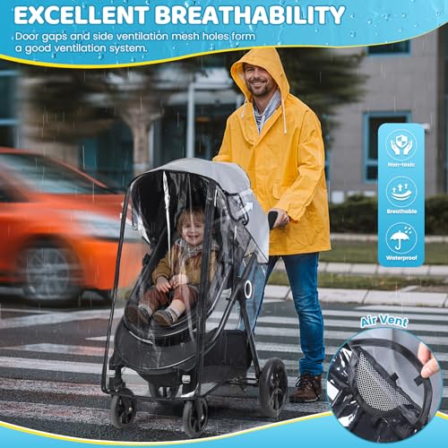 Clear Stroller Rain Cover for Travel Strollers, Waterproof Recessed Zipper Design, Breathable Mesh Vents, Easy Access, Protects from Rain Wind Dust Snow