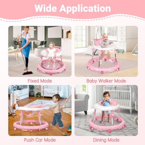 Baby Walker Foldable with 9 Adjustable Heights, Baby Walker with Wheels Portable, Infant Toddler Walker for Baby Boy Girls 6-18 Months (Pink)