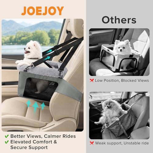 JOEJOY Deluxe Dog Booster Seat with Sturdy Metal Frame and Safety Leash for Small Pets up to 20 lbs - Portable Puppy Dog Car Seat with Thick Cushion and Storage Pockets for Small Dogs