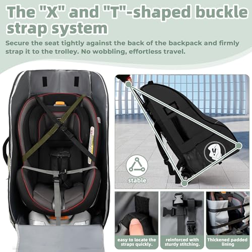 Wurzfolk Rolling Car Seat Travel Bag with Wheels – Car Seat Backpack Transport Case for Airplane Travel, Fits Convertible & Booster Seats, Protective Storage Cover, Black