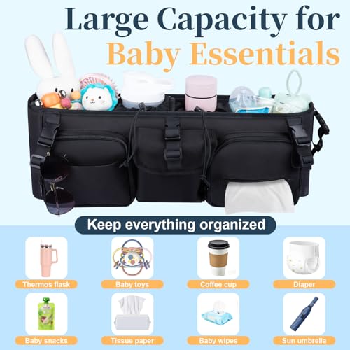 GDNasist Double Stroller Organizer Compatible with Bob Duallie and Baby Jogger City Mini GT2, Double Baby Stroller Accessories with Cooler Bag, Parent Console Double Jogging Stroller Caddy, Black