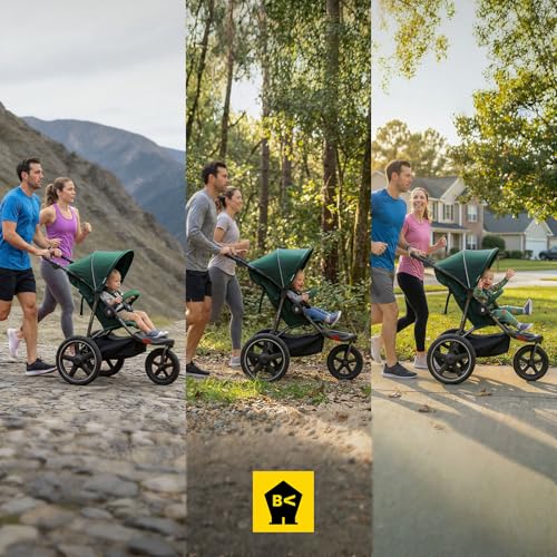 BabyVista Jogging Stroller, All-Terrain Frame, 12"/16" Inflatable Tires with Angled Valve, Disc Hand Brake & Foot Brake, Adjustable Handlebar, Foldable Jogger Stroller for Babies & Toddlers, Green