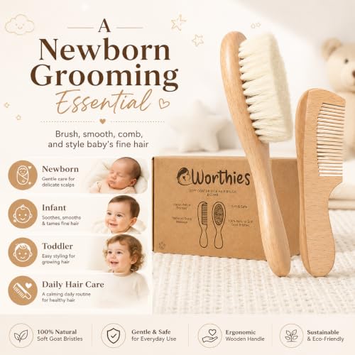 Worthies Baby Hair Brush and Comb Set, Wooden Newborn Brush with Soft Goat Hair Bristles, Gentle Infant Scalp Brush & Toddler Comb, Baby Grooming Kit, Cradle Cap Care, Registry Gift, 2 Count