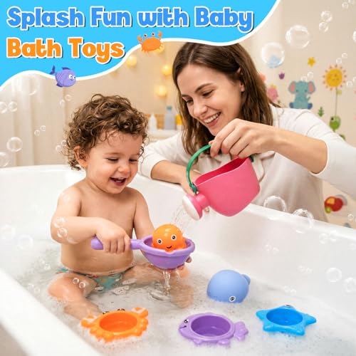 9 PCS Baby Bath Toys for Kids Ages 1-3, Mold Free Toddler Bath Toys for 2-4 with 3 No Hole Squeezing Marine Animals Toys, Bathtub Beach Sand Water Table Toys for 1 2 3 Years Old Girls Boys Gifts