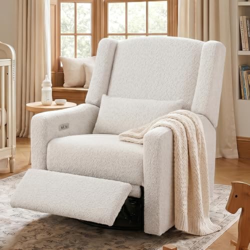 Madaha Power Recliner Chair Swivel Gilder Rocking Chairs Skin-Friendly Power Recliner Nursery Chair for Adults with Waist Pillow, USB Charging (Beige, Only Recliner Chair)
