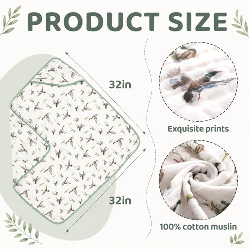 Gilprop 2 Pack Mallard Duck Baby Hooded Towels for Newborn 100% Muslin Cotton Duck Hunting Neutral Baby Bath Towel for Babies Infant Toddler and Kids, 32x32inch, Soft and Absorbent Kids Gift