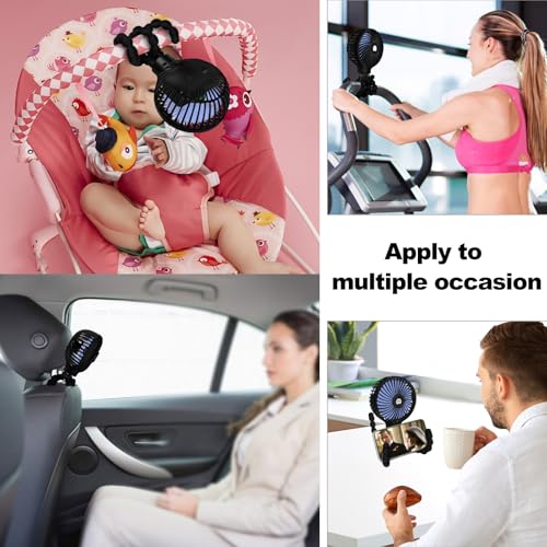 TRELC Mini Stroller Fan, 19H Battery Life, Personal Handheld Clip on Portable Rechargeable Fan with Flexible Tripod, Gift for Children Baby Car Travel BBQ Gym (Black, 4000mAh)