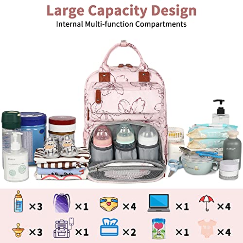 Diaper Bag Backpack, Baby Girl Diaper Bag for Mom, Large Pink Floral Diaper Bag Backpack for Girls, Waterproof Mom Backpack for Work Travel Holiday with Insulated Pockets and Stroller Straps