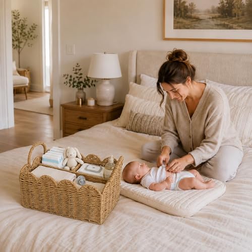 wwmayfeel Diaper Caddy Organizer, Paper Rope Storage Baskets Nursery Bin with Removable Divider, Woven Scalloped Portable Car Organizer for Diapers, Baby Shower Gifts, Newborn Essentials Must Haves