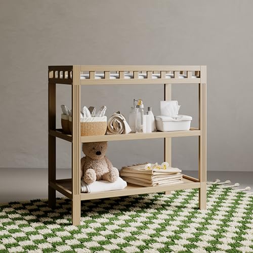Storkcraft Morningside Changing Table (Driftwood) – GREENGUARD Gold Certified Baby Changing Table, Includes Waterproof Diaper Changing Pad, Easy 30-Minute Assembly, 2 Open Shelves for Storage