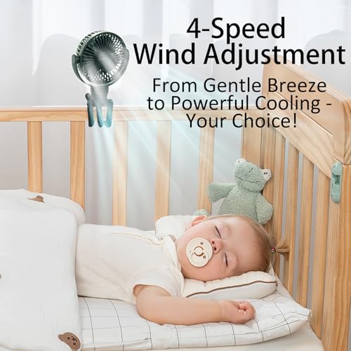 JISULIFE Battery Operated Portable Stroller Fan,4 Wind Speeds and 720° Adjustable Angle,USB Rechargeable Handheld Mini Fan,Octopus Clip Design for Crib, Golf Cart, Treadmill - Green
