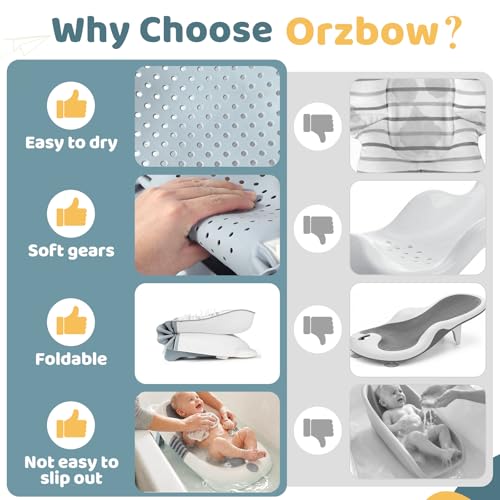 Orzbow Baby Bath Support, Foldable Newborn Bathtub 0-6 Months, Non-Slip Soft Baby Bath Tub with Suction Cups, Ergonomic Design, Newborn Infant Essentials Must Haves, Gray