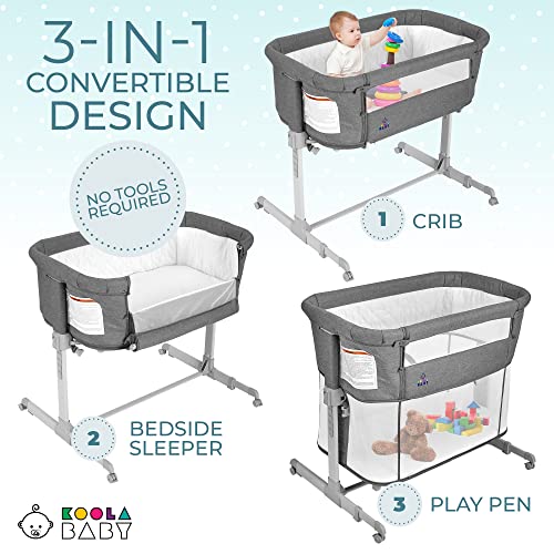 KoolerThings 3 in 1 Baby Bassinet, Bedside Sleeper, & Playpen, Easy Folding Portable Crib (Grey)- KoolaBaby (Bassinet)