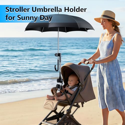 Umbrella Holder for Stroller Chair, 360° Adjustable Clip On Umbrella Attachment, Universal Umbrella Clamp Mount for Golf Cart, Wheelchair, Beach Chair, Camping Chair Outdoor Auto Scooter