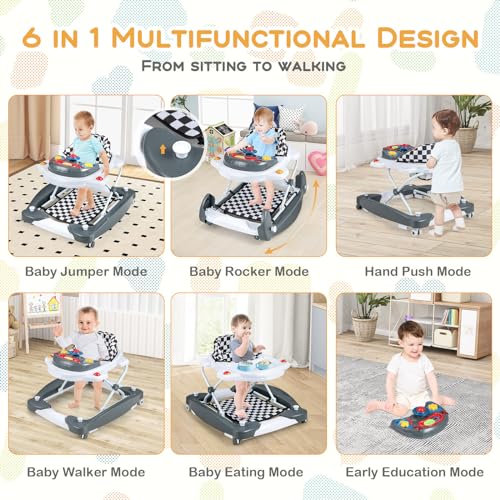 BABY JOY 6-in-1 Baby Walker, Foldable Baby Walker with Wheels, Adjustable Height, Music, Lights, Bouncer & Rocker Mode, Baby Walkers for Boys Girls 6-14 Months (Gray)