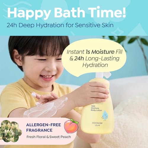 GOONGBE Kids Moisture Body Lotion - 24-Hour Hydrating Daily Moisturizer for Dry Sensitive Skin Ages 3+, Triple Lipid Complex with Ceramide NP, Squalane&Cica, Fast-Absorbing Non-Sticky, 8.45 fl oz