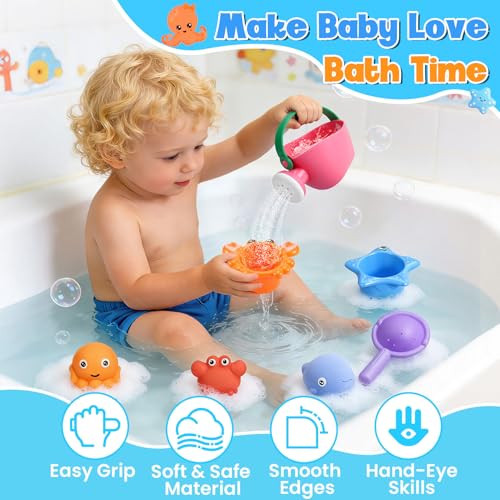 9 PCS Baby Bath Toys for Kids Ages 1-3, Mold Free Toddler Bath Toys for 2-4 with 3 No Hole Squeezing Marine Animals Toys, Bathtub Beach Sand Water Table Toys for 1 2 3 Years Old Girls Boys Gifts