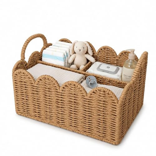 wwmayfeel Diaper Caddy Organizer, Paper Rope Storage Baskets Nursery Bin with Removable Divider, Woven Scalloped Portable Car Organizer for Diapers, Baby Shower Gifts, Newborn Essentials Must Haves
