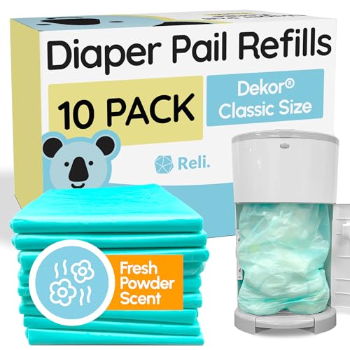 Reli. Diaper Pail Refill Bags Compatible with Dekor Classic (10 Pack) | Diaper Trash Bags with Odor Control | Powder Scent | Strong Liners | Holds 4950 Diapers | Refill Replacement
