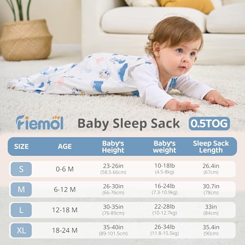 FIEMOL Baby Sleep Sack 0-6 Months, 0.5 TOG Wearable Blanket for Baby Boy and Girl, 2-Way Zipper Newborn and Infant Sleeping Bag 2 Pack, Lightweight Sleep Sacks Blue Whale（Small）