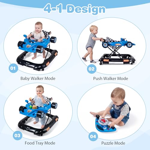 BABY JOY 4-in-1 Baby Walker, Foldable Activity Walker with Adjustable Height, Music & Lights, Anti-Rollover, Toddler Push Walker, Baby Walker with Wheels for Boys Girls 6-14 Months (Blue)