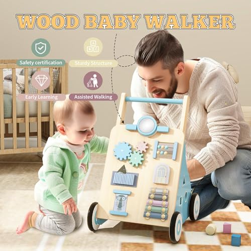 Tltaroni Baby Walker with Activity Center, Wooden Walker Toddler Push Walker Adjustable Height and Speed Montessori Walker Toy for Boys Girls Ages 9+ Months, Blue