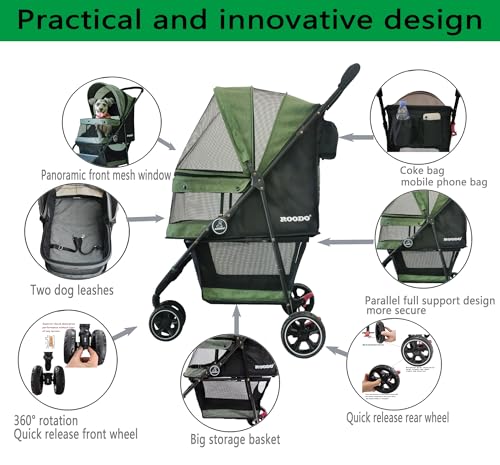 ROODO 3 Wheel Pet Stroller Best Lightweight Foldable Compact Portable Jogger All Terrain Travel Pet Gear Puppy Kitty Stroller for up to 30lbs Medium Small Dogs and Cats(Green)