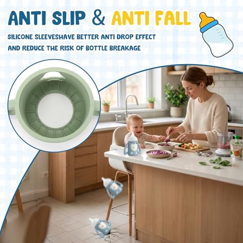 Mamalovey 3 Pack Silicone Baby Bottle Handles & Holders for Pigeon Bottles 5.4oz, Food Grade Anti-Breakage Silicone Sleeve for Glass Bottle - Great Upgrade for Your Baby Bottle Sets (White+Green+Blue)