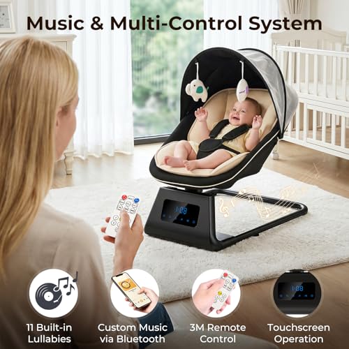 Pamo Babe Portable Baby Swing - Electric Baby Rocker with Cry Detection, 5 Swing Speeds, Bluetooth & Remote Control, Adjustable Backrest, Indoor & Outdoor Swing Chair for Newborn Babies - Black