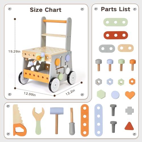 labebe Wooden Baby Walker, Baby Push Walker, Tool Toy for Toddlers, Adjustable Speed Baby Walker with Wheel, Learning Activity Walker for Girls Boys