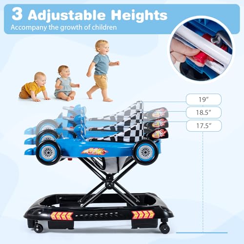 BABY JOY 4-in-1 Baby Walker, Foldable Activity Walker with Adjustable Height, Music & Lights, Anti-Rollover, Toddler Push Walker, Baby Walker with Wheels for Boys Girls 6-14 Months (Blue)