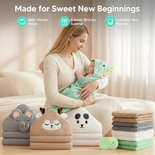 YEFAJUMP 14 PCS Baby Bath Towels Set with 4 PCS Hooded Baby Towels, 8 PCS Washcloths & 2PCS Bath Brush for Infants & Toddlers, Ultra Absorbent Newborn Bath Essentials Gift for Boys & Girls