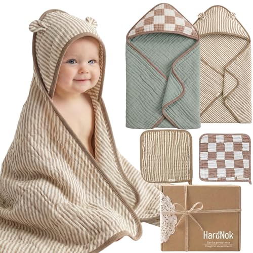 HardNok 4-Piece Muslin Baby Towel Set - Made with Organic Cotton, (2) 6-Layer 32x32 Towels & (2) Washcloths, Bath, Beach & Pool Gift Set (Neutral Sage Mix)