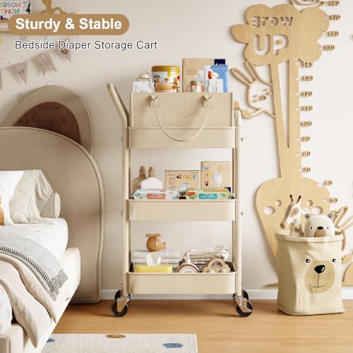 Baby Diaper Caddy Organizer Cart with Detachable Dividers, 3 Tier Metal Bedside Storage Rolling Cart with Wheels for Nursery, Postpartum Cart and Organizers for Newborn Essentials & Supplies (Oatmeal)
