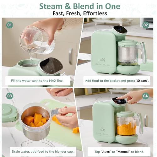 Chefhandy Baby Food Maker with Stainless Steel Steam Basket | 5-in-1 Baby Food Processor, Steamer & Blender for Homemade Baby Food, BPA-Free, 6 Reusable Pouches, Ideal for Newborns & Infants, Green
